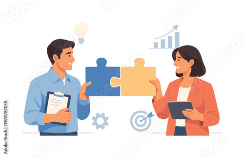 Partnership and synergy theme where individuals contribute their skills and knowledge to build successful outcomes in collaborative settings, represented by two people