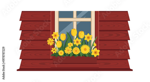 A charming rustic red wooden house facade features a classic window box brimming with a cheerful arrangement of bright yellow tulips and daffodils.