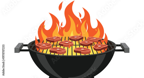 A classic black spherical kettle grill stands against a white background while multiple thick steaks cook on the metal grate beneath roaring flames.