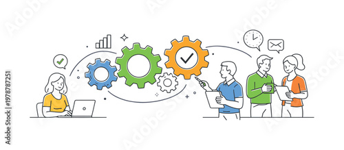 A workflow automation scenario where repetitive business tasks are streamlined through efficient systems and processes, using a visual metaphor of connected gears