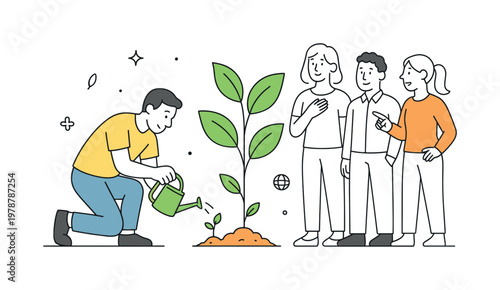 Individual nurturing a plant as part of a personal growth or sustainability routine in everyday life, illustrated through a clear metaphor of a small sprout growing into