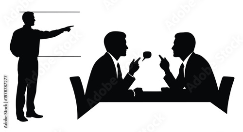 Businessmen in a meeting pointing at each other in discussion