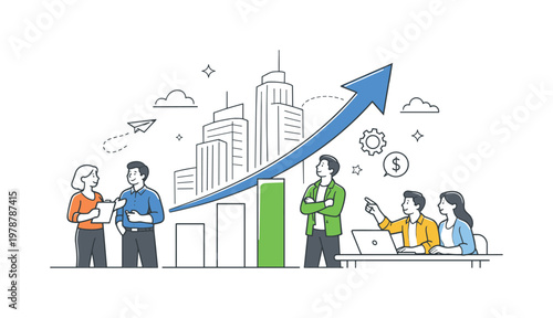 Business expansion and financial success in a modern corporate environment where organizations increase performance and scale operations over time, represented by a clear