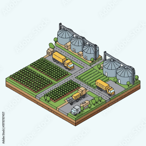 Isometric illustration of farm with silos and trucks.