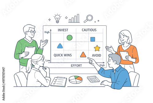 A priority decision matrix and evaluation scene showing a small team comparing options around a large grid and highlighted markers, using a clear visual metaphor of