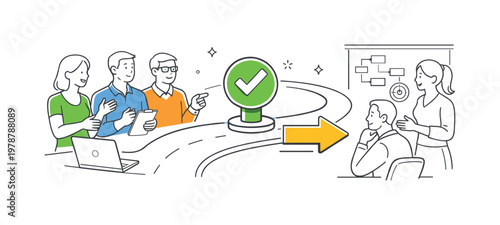 A clear workflow checkpoint control scenario where a team verifies progress at key stages before continuing execution during a planning session, centered around a visual