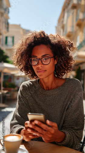 Curly-haired Business woman taking a short break between meetings during a work trip