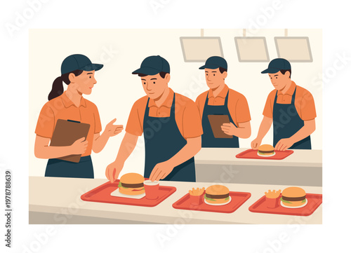 Franchise operation scene where staff follow a consistent preparation process to deliver the same food experience across locations, emphasizing standardization, training,