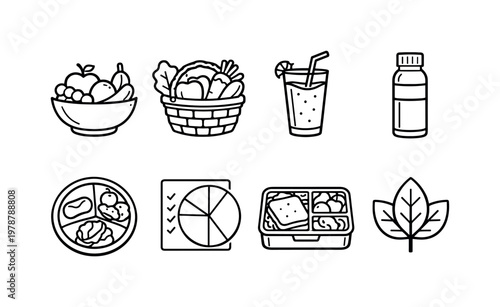 Healthy meal options: fruit bowl, vegetables basket, smoothie glass, water bottle, balanced plate, nutrition chart, lunch box, organic leaf.