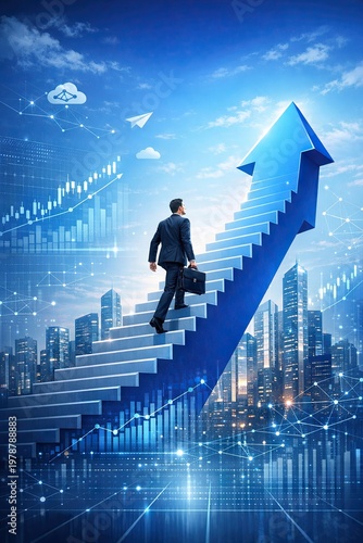 A businessperson ascending a staircase that becomes an arrow, with a futuristic city backdrop