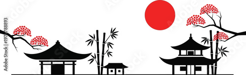 A serene Asian-inspired vector illustration of traditional pagodas and trees under a red sun