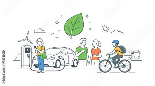 A sustainable transportation scenario where individuals adopt eco-friendly mobility solutions to reduce environmental impact, illustrated through a clean scene featuring