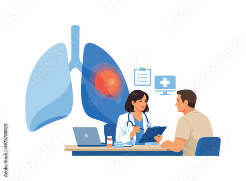 Medical assessment moment where a healthcare specialist identifies respiratory issues and plans treatment, highlighting precision, responsibility, and patient-centered