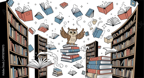 Owl flying over bookshelves with books and papers.