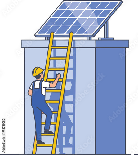 A worker in a hard hat installing a solar panel on a roof with a ladder
