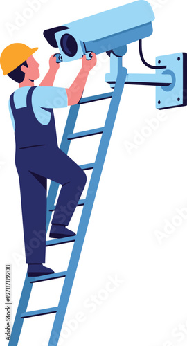 A worker in a yellow hard hat installing a security camera on a ladder outdoors