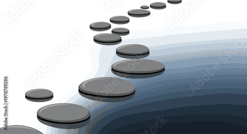Dark grey polished stepping stones form a curved path leading into a misty blue gradient background creating a sense of journey and peaceful progression.