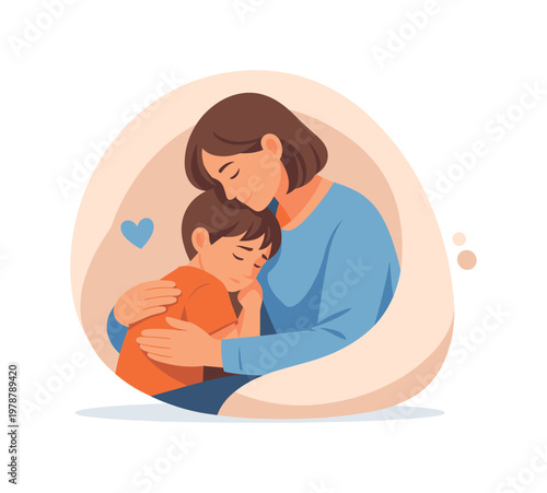A parent comforting a child during an emotional moment, offering reassurance and presence to support emotional development and trust building, visual metaphor of a larger