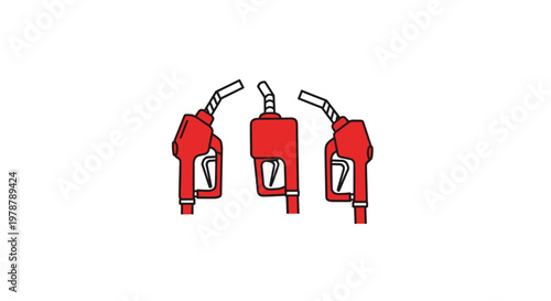 A trio of red gasoline dispenser handles is shown from multiple perspectives in a central cluster against a clean white background for technical display.
