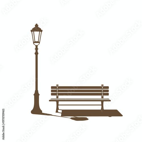 An empty old wooden bench with a brown metal design sits isolated in a quiet outdoor park garden as a 3d vector illustration for relax and sitting decoration