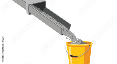 Thick wet grey cement slides down a slanted metal construction chute directly into a vibrant yellow plastic bucket against a clean white background.