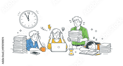 Overwork burnout workplace scene showing a small group of employees struggling to manage excessive tasks and long hours in a demanding environment, using a desk with