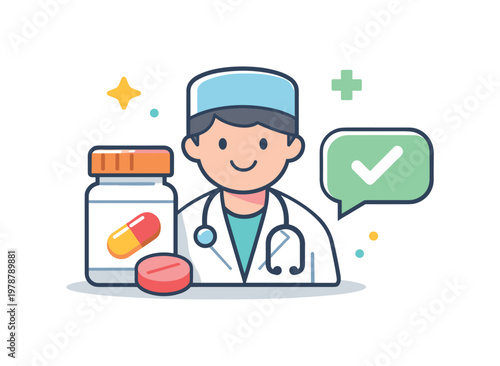 Pharmaceutical consultation and patient support service ensuring proper medication use and health guidance in a modern setting, a pharmacist figure combined with a pill