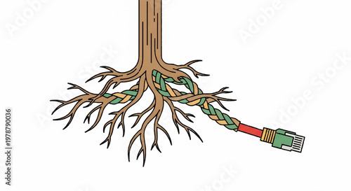 Tree root system with colorful electrical cable emerging symbolizing technology and nature connection ecology and innovation