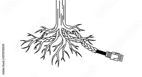Network cable roots grow into tree trunk symbolizing technology and nature connection