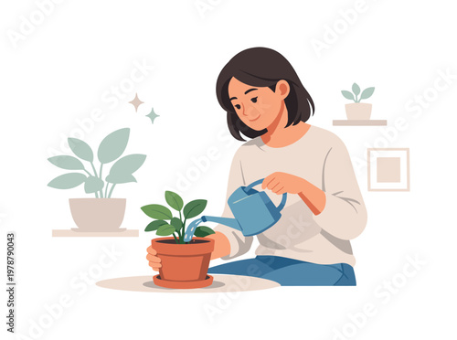 An individual nurturing indoor plants as part of a mindful daily routine at home, represented by a person gently watering a single potted plant with a simple watering can