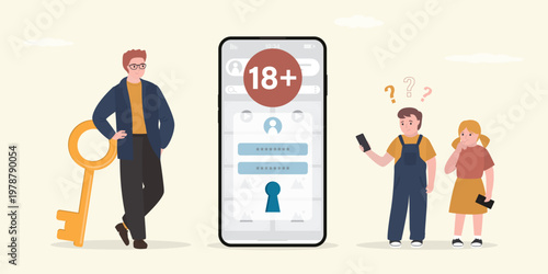 Father holds golden key next to smartphone with an 18+ lock screen, while children look on with confusion. Digital parental control and password protection for kids.