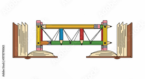 Conceptual bridge built from colorful pencils connecting two open books representing education knowledge learning development and creative academic engineering study