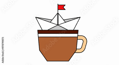 A creative illustration featuring a white paper boat with a small red flag floating inside a brown coffee cup concept for imagination and morning inspiration