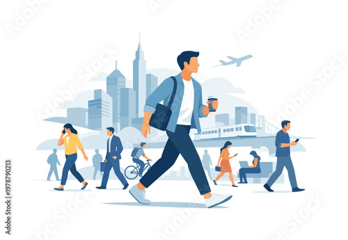 A dynamic urban motion scene where people move through a busy city environment during daily routines, representing modern lifestyle, mobility, and fast-paced urban living