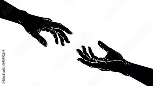 Quadro su tela Silhouette of two human hands reaching toward each other symbolizing help connec