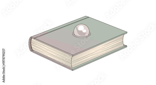 A lustrous white pearl sits elegantly atop a closed grey hardcover book featuring a subtle circular recess on its pristine minimalist surface.