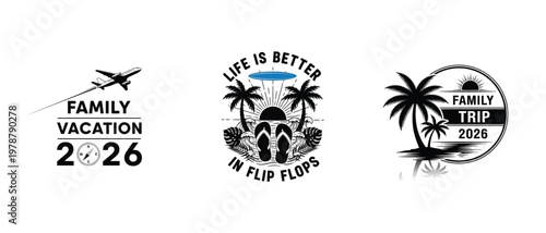 Three vacation themed graphic designs featuring palm trees airplanes and flip flops
