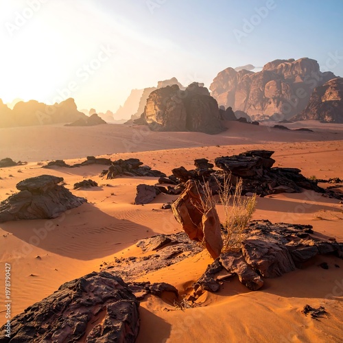 Vast desert landscape at sunrise, showcasing weathered rock formations and dunes with a warm, orange hue under a clear sky