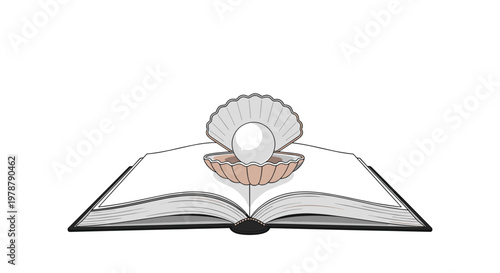 A stylized pink seashell cradling a lustrous white pearl is positioned over the open pages of a black and white illustrated hardcover book in a studio.