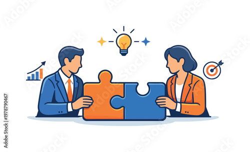 Business collaboration focused on joint problem solving and shared goals within a professional environment, two human figures working together around a puzzle piece