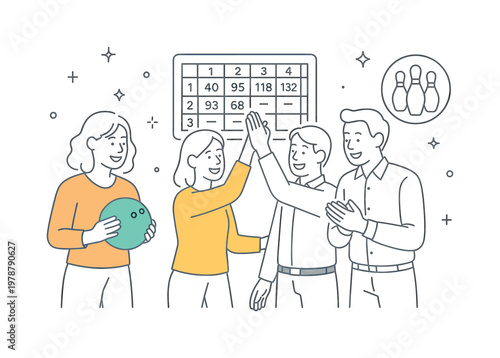 A team bonding scenario where colleagues participate in a bowling game as part of a social outing, illustrated by a small group interacting near a simple scoreboard and