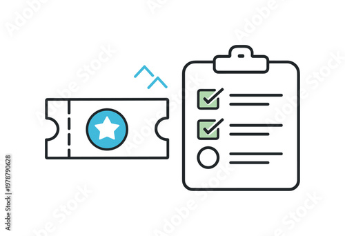 Help desk management and workflow automation in business environments, a ticket icon paired with a checklist element representing task handling and prioritization,