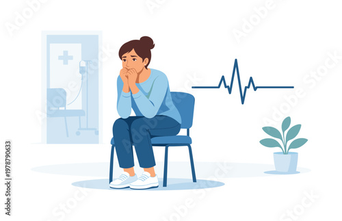 A patient experiencing anxiety in a medical setting, sitting in a waiting area while anticipating treatment, representing emotional stress, uncertainty, and the