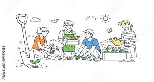Gardening hobby activity scenario showing people enjoying planting and maintaining flowers or vegetables in a shared outdoor space, with a shovel and a single sprout as