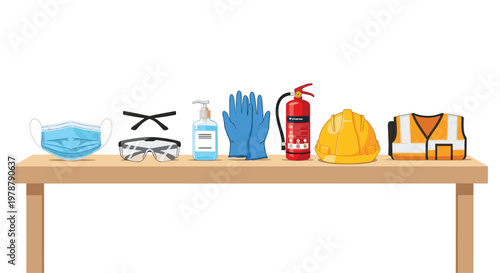 A comprehensive collection of colorful personal protective equipment including a blue mask and yellow helmet sits neatly on a light brown wooden table in bright light.