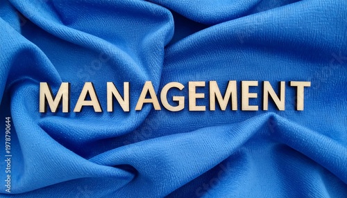 Management Concept - Wooden Letters on Blue Fabric Background.