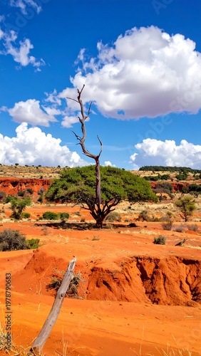 A vibrant shot of a tree in a reddish desert landscape with a blue sky dotted with puffy white clouds