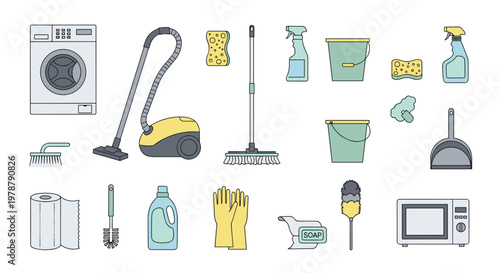 A vast assortment of household cleaning appliances and tools including a yellow vacuum and green buckets are displayed in a clean layout with a soft pastel color palette.