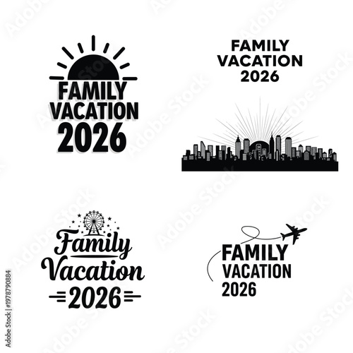 A collection of black and white graphic designs advertising family vacation plans for 2026