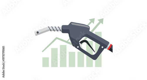 A sleek dark grey gasoline pump nozzle is depicted against a background of light green bar graphs and rising arrows showing positive economic trends.